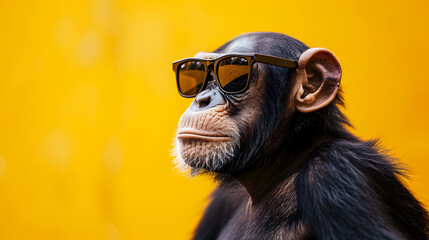 Portrait of a chimpanzee with sunglasses, yellow background - obrazy, fototapety, plakaty