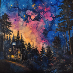 Obraz na płótnie Canvas Forest Chalet: Nebulas in Late Night Sky