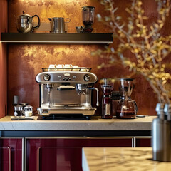 Fototapeta na wymiar Burgundy Bliss: Streamlined Coffee Machine Chic
