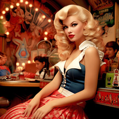 Woman in Dress Sitting at Table - Retro Model - Pin-up Style