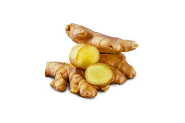  Fresh raw ginger root or rhizome with slice isolated cut out on transparent background,PNG format