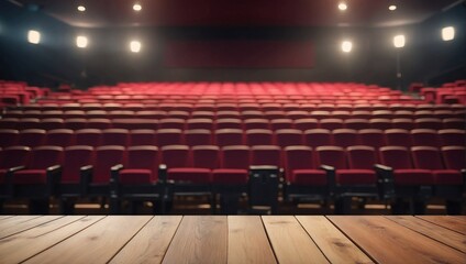 Empty Wooden Table Background Blurred Filled Cinema Hall, Wooden Table