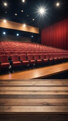 Empty Wooden Table Background Blurred Filled Cinema Hall, Wooden Table