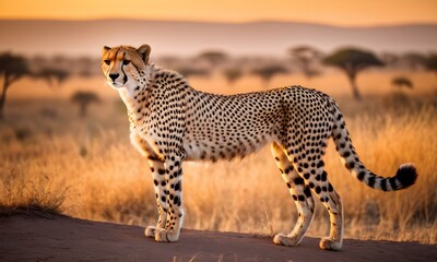 Portrait of a cheetah in the savannah at sunset
