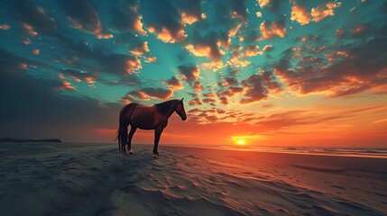 A brown horse standing on top of a sandy beach under a cloudy blue and orange sky with a sunset. Ai generative - obrazy, fototapety, plakaty