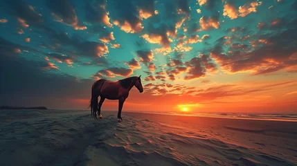 Foto op Aluminium A brown horse standing on top of a sandy beach under a cloudy blue and orange sky with a sunset. Ai generative © Jennifer