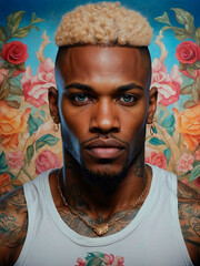 Portrait of beauty black man, blonde hair, eyes blue and colorful tattoos on arm