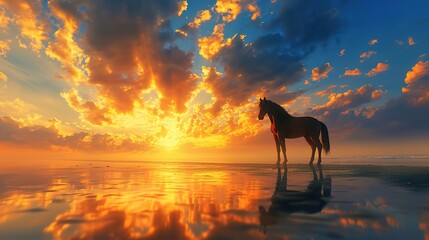 A brown horse standing on top of a sandy beach under a cloudy blue and orange sky with a sunset. Ai generative