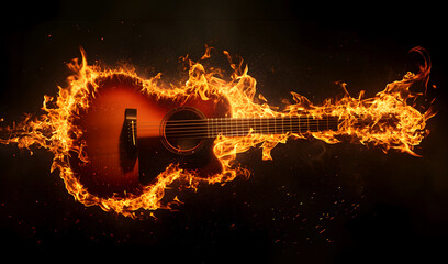 Fiery guitar in flames on a pure black background