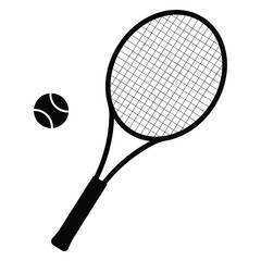 Tennis racket with ball silhouette. Icon of racquet for court. Logo rocket. Sport equipment for game, match, competition. Club of badminton. Vector