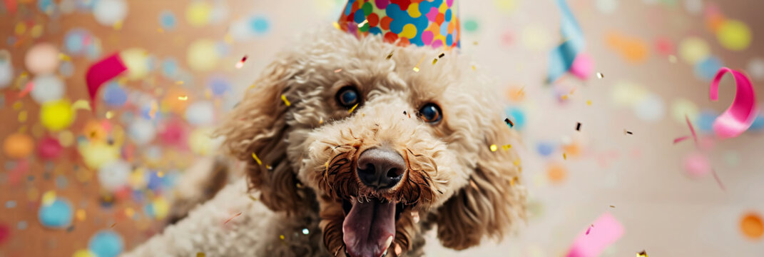 Joyful Labradoodle Dog in Party Hat Celebrating Birthday with Confetti, A Picture of Pure Happiness
