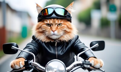 cool cat in sunglasses and helmet driving a bike