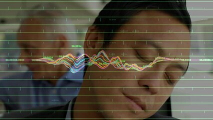 Animation of financial data processing over asian businessman sleeping on bus - Powered by Adobe