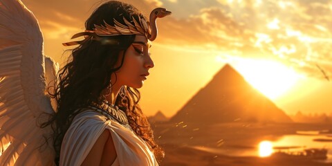 A Girl in the Style Isis Egyptian Goddess of Magic - An Ethereal depiction of Isis with Elegant Wings set against a Backdrop of the Nile and Pyramids at Sunset created with Generative AI Technology - obrazy, fototapety, plakaty