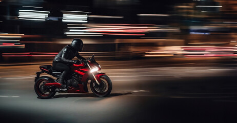 Fototapeta premium riding a sports motorcycle through the city at night, a motorcyclist in motorcycle gear.
