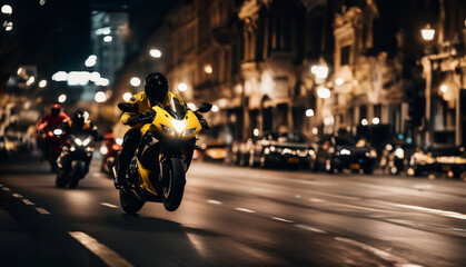 riding a sports yellow motorcycle through the city at night, a motorcyclist in motorcycle gear. - obrazy, fototapety, plakaty