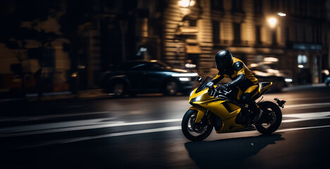riding a sports yellow motorcycle through the city at night, a motorcyclist in motorcycle gear.