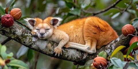 Obraz premium Sleepy Fox-Like Creature Resting on a Fruit Tree Branch