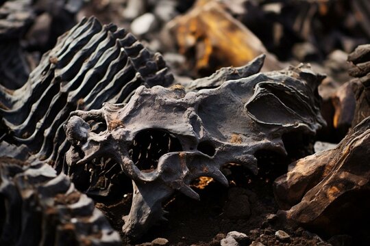 Detailed view of fossilized coal remains found during archaeological dig. Generative AI