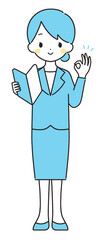 水色｜初心者マークを持つスーツの女性｜OKサイン