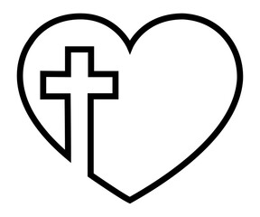 Obraz premium Christian cross in heart, Jesus Christ vector illustration. Catholicism sign. line art simple