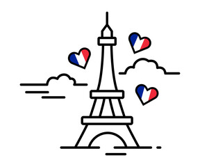 The Eiffel tower hand drawn. minimalist hearts France flag. Abstract building. Vector illustration