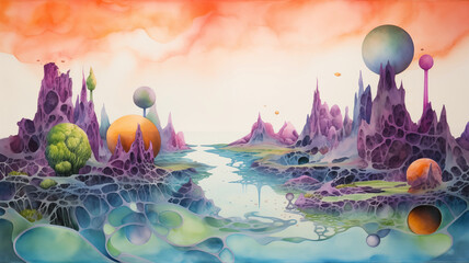 otherworldly watercolor landscape of varied topography and a stream running through a red sky world