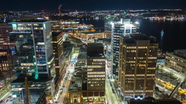 Drone hyperlapse of the Halifax financial district at night, Nova Scotia, Canada