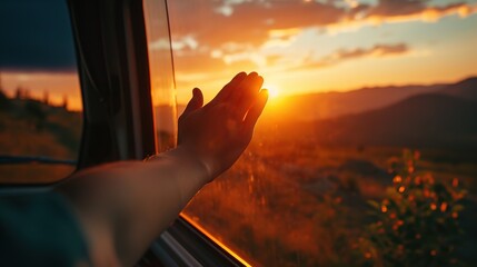 Road trip concept - hand held out of an open window, sunset in the foreground - obrazy, fototapety, plakaty