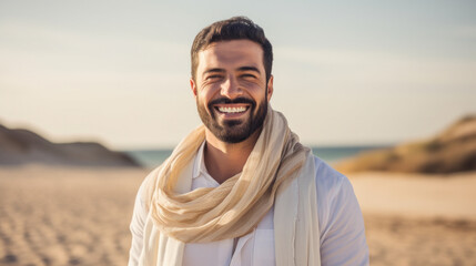 Male happy face portrait of young muslim smiling hispanic arabian guy posing outdoors looking at camera. Tourism pleasure concept - obrazy, fototapety, plakaty