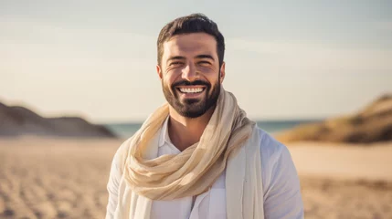 Foto op Plexiglas Male happy face portrait of young muslim smiling hispanic arabian guy posing outdoors looking at camera. Tourism pleasure concept © PaulShlykov