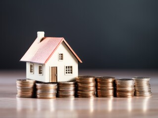 A stunning house is perched atop a lofty stack of coins, symbolizing prosperity and luxury in an extraordinary display. Copy space.