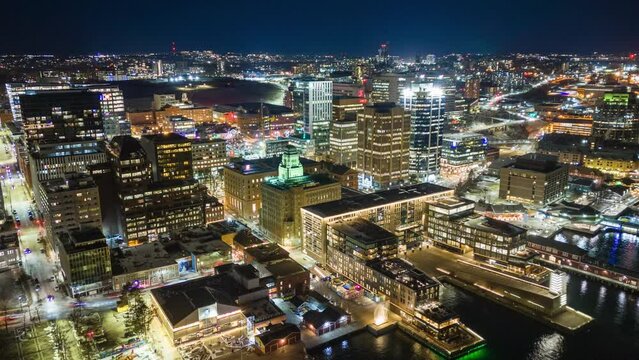 Time Lapse in Downtown Halifax. Aerial View of the Night Metropolis, Canada.