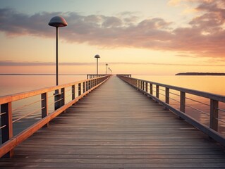 Wooden Pier With Lamp Post, Coastal Scene, Sunny Day, Calm Waters. Sunset.
