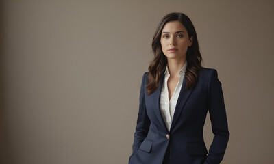 portrait of a businesswoman person in full height. full body seen. wearing a business suit. beautiful brunette woman. looking forward