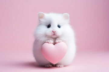 A cute white hamster holding a pink heart in paws on a pink background. Valentine's Day concept. For card, postcard, poster, banner