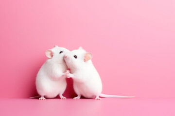 Two cute white mice sniffing each other on a pink background with copy space for text. Mouse couple photo with copy space for text. Valentine's Day concept. For card, postcard, poster, banner.