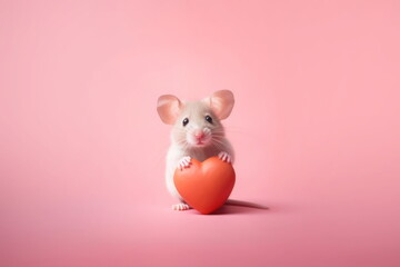 A cute white mouse with big ears holding a red heart on a pink background with copy space for text....