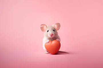 Foto op Aluminium A cute white mouse with big ears holding a red heart on a pink background with copy space for text. Valentine's Day concept. For card, postcard, poster, banner. © Milan