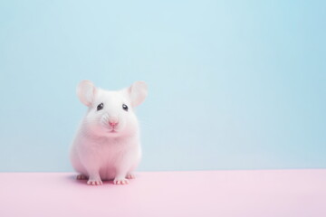 A cute white mouse standing next to a large pink heart on a pink background with copy space for text. For card, postcard, poster, banner.