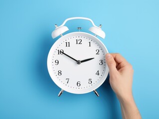 A hand holds a white alarm clock against a plain blue background.