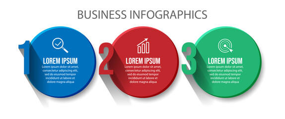 business infographic design with 3 parts or steps, there are icons, text, numbers, colored shapes connected to each other. for your diagram, banner and business workflow
