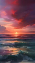 Fototapeta na wymiar Sunset over the sea with colorful crimson clouds hd phone background wallpaper