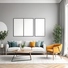 Minimal modern home with living room and dining room design, wall mockup on bright interior background, 3d render.