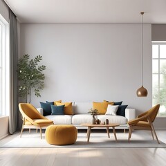 Minimal modern home with living room and dining room design, wall mockup on bright interior background, 3d render.
