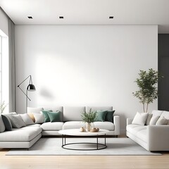 Minimal modern home with living room and dining room design, wall mockup on bright interior background, 3d render.