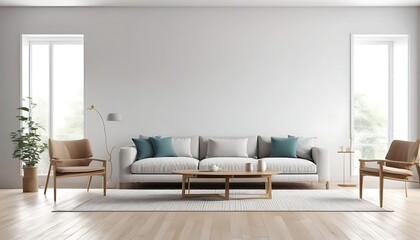 Minimal modern home with living room and dining room design, wall mockup on bright interior background, 3d render.