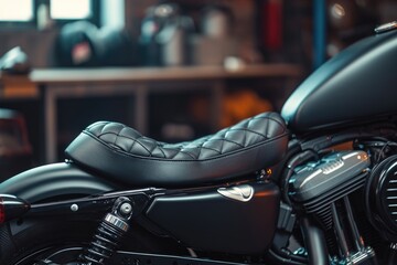 Black leather motorcycle seat on a dark garage background