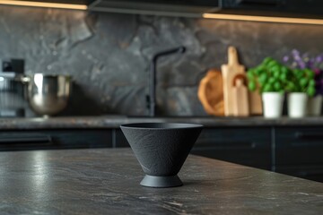 Black silicone kitchen funnel on a dark granite worktop