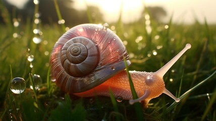 A translucent snail with soft pink tones, making its way through the dewy blades of a grassy field -Generative Ai
